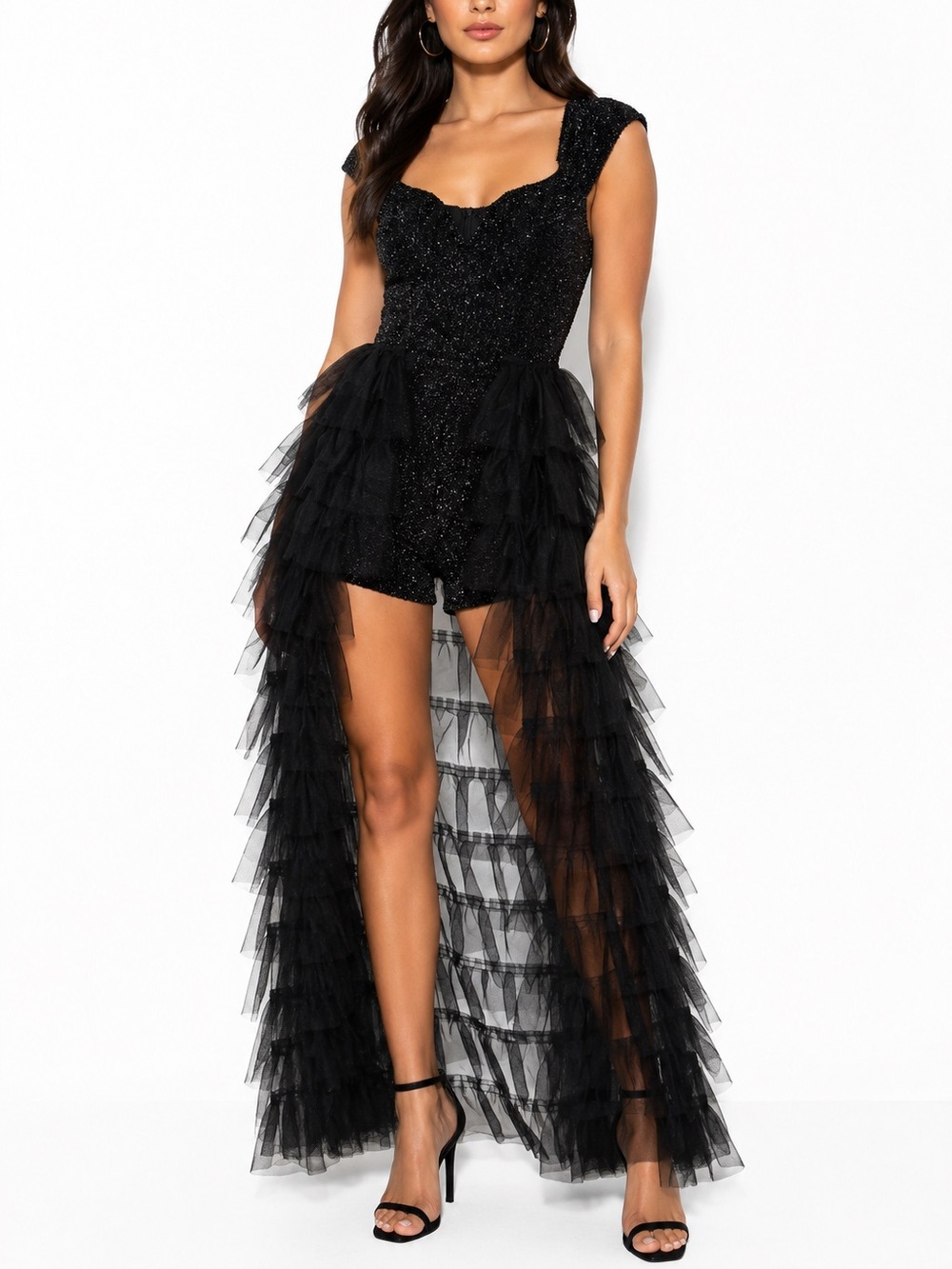 Black Sequins Tulle Jumpsuit  - Sparkle Tulle High-Low Romper Dress - Picture 8 of 8